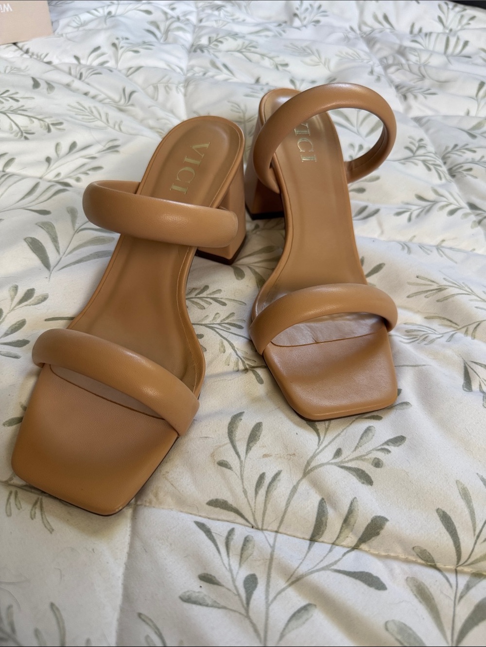 Tan Block Heel Slide Sandals
